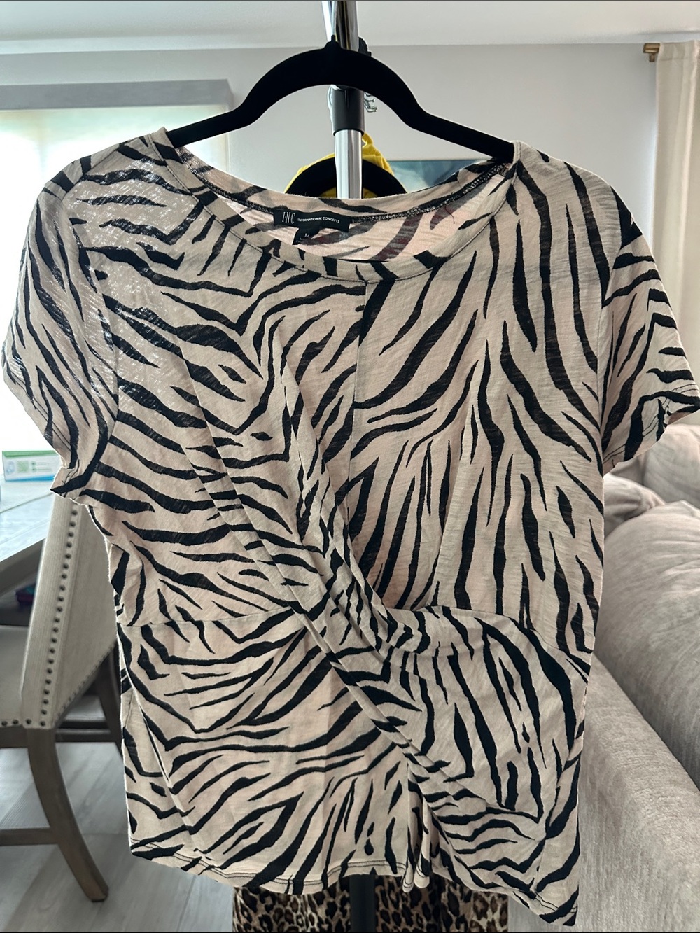 I.N.C Zebra Print Short Sleeve Top - Black on Cream